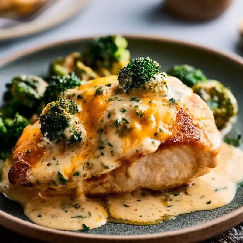 Weeknight Cheesy Chicken Bake Close Up Close-up of a juicy cheesy baked chicken breast topped with creamy cheddar sauce and broccoli on a serving plate.