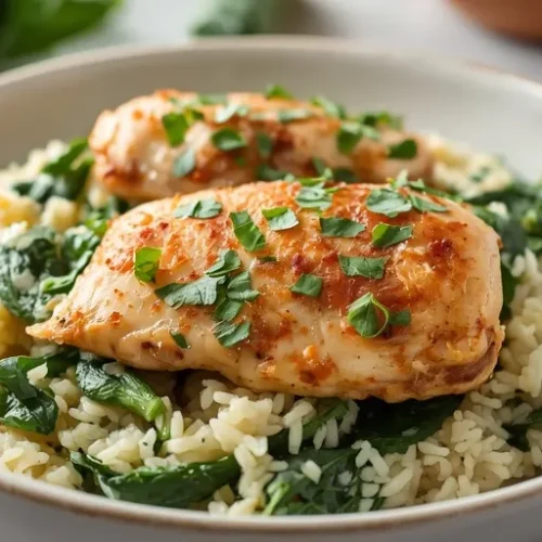 creamy garlic chicken and spinach rice skillet recipe