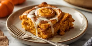 Golden Pumpkin Cinnamon Roll Casserole