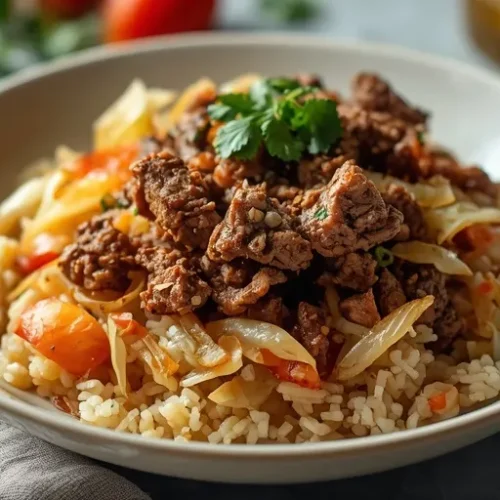 beef and roasted cabbage rice bowls recipe