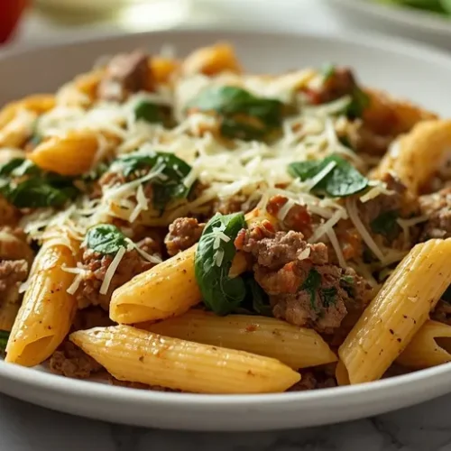 creamy ground beef and spinach pasta bake recipe