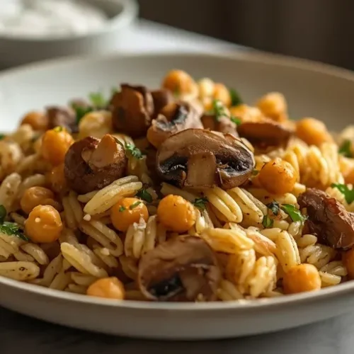 garlic mushroom chickpea orzo skillet recipe