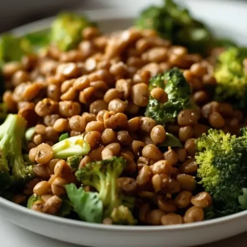 garlic roasted broccoli lentil salad recipe
