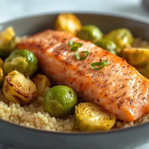roasted salmon and brussels sprouts couscous bowls recipe