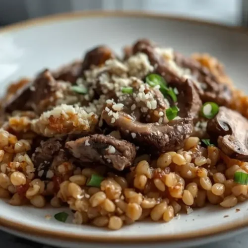 steak mushroom parmesan farro bake recipe