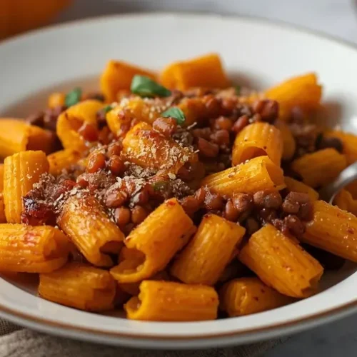 vegan pumpkin red lentil ditalini bake recipe